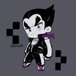  1boy arms_at_sides chibi frown grey_background jacket kotorai long_sleeves looking_at_viewer male_focus mishima_kazuya pants purple_eyes scar scar_on_face shirt short_hair simple_background spot_color tekken thick_eyebrows 