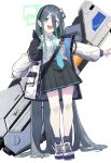  1girl absurdly_long_hair absurdres aris_(blue_archive) black_hair black_hairband black_skirt black_socks blue_archive blue_eyes blue_necktie blush collared_shirt full_body green_halo hairband halo highres jacket long_hair long_sleeves looking_at_viewer nanao_(aoyamahikari) necktie open_clothes open_jacket open_mouth pleated_skirt shirt shoes simple_background skirt smile sneakers socks solo standing two-sided_fabric two-sided_jacket very_long_hair white_background white_jacket white_shirt 