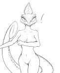 2023 anthro barely_visible_genitalia barely_visible_pussy bent_arm big_breasts big_eyes biped black_and_white breasts chameleon chameleon_(kung_fu_panda) covering covering_breasts covering_self curled_tail digital_drawing_(artwork) digital_media_(artwork) dreamworks exclamation_point eyelashes facial_markings female fingers front_view genitals head_markings hi_res innie_pussy kung_fu_panda lizard long_tail looking_at_viewer markings monochrome mouth_closed navel non-mammal_breasts nude nude_anthro nude_female portrait pupils pussy reptile scalie slit_pupils snout solo spiked_tail spikes spikes_(anatomy) standing tail teeth three-quarter_portrait tongue tongue_out vagoncho wide_hips