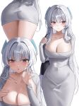  1girl blue_archive blush breasts cleavage closed_mouth dongtan_dress dress grey_hair highres large_breasts long_hair long_sleeves looking_at_viewer meme_attire multiple_views no_halo noa_(blue_archive) open_mouth purple_eyes simple_background thighs white_background white_dress yam_s2 