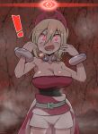  ! 1girl :d alpha_pokemon alternate_breast_size armpits bare_shoulders blonde_hair blush bracelet breasts cleavage commentary_request cowboy_shot dripping glowing glowing_eyes hair_between_eyes hairband highres hot irida_(pokemon) jewelry kurachi_mizuki large_breasts looking_at_viewer neck_ring open_mouth pearl_clan_outfit pokemon pokemon_legends:_arceus red_eyes red_hairband red_shirt sash shadow shirt short_hair shorts smile solo standing steam strapless strapless_shirt sweat very_sweaty waist_cape white_shorts 