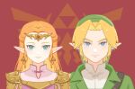  1boy 1girl aqua_eyes armor blonde_hair blue_eyes chinese_commentary circlet commentary_request drill_hair drill_sidelocks earrings green_headwear green_tunic hat jewelry link long_hair orange_hair pointy_ears princess_zelda red_background shoulder_armor sidelocks smile the_legend_of_zelda the_legend_of_zelda:_ocarina_of_time triforce triforce_earrings v-shaped_eyebrows yun_(dl2n5c7kbh8ihcx) 