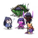  5boys ambling_pearl argalia_(project_moon) argalia_(project_moon)_(cosplay) black_hair blue_cape blue_jacket cape chibi clam closed_eyes cosplay e.g.o_(project_moon) fishing_net high_ponytail highres hong_lu_(project_moon) jacket library_of_ruina limbus_company long_hair mell_716 multiple_boys open_mouth opened_can_of_wellcheers pink_eyes pink_shoes_(project_moon) project_moon shrimp simple_background slime_(substance) smile very_long_hair wayward_passenger white_background 