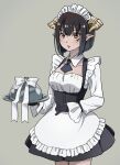  1girl apron black_dress black_gloves black_hair bow breasts brown_eyes cleavage dress gloves hime-sama_&quot;goumon&quot;_no_jikan_desu holding holding_tray horns looking_at_viewer maid maid_apron maid_headdress medium_breasts paramisan pointy_ears short_hair simple_background solo standing torture_(hime-sama_&quot;goumon&quot;_no_jikan_desu) tray white_bow yellow_horns 