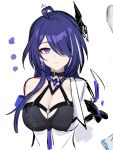  1girl acheron_(honkai:_star_rail) ahoge black_choker breasts choker cleavage commentary hair_ornament highres honkai:_star_rail honkai_(series) large_breasts long_hair looking_at_viewer mini2chainz parted_lips purple_eyes purple_hair simple_background single_bare_shoulder solo upper_body white_background 