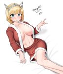  1girl absurdres alternate_costume blonde_hair blue_eyes breasts collarbone dated fur-trimmed_shirt fur-trimmed_skirt fur_trim headgear highres kantai_collection large_breasts lying maru_(marg0613) miniskirt on_side one-hour_drawing_challenge open_clothes red_shirt red_skirt rodney_(kancolle) shirt short_hair simple_background skirt solo twitter_username white_background 
