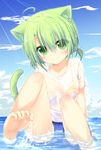 ahoge animal_ears barefoot bra cat_ears cat_tail dodome-iro_mayonnaise green_eyes green_hair original partially_submerged see-through sharon_(dodomayo) short_hair sitting solo tail toe_scrunch underwear water wet wet_clothes 