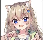  1girl 9-nine- animal_ear_fluff animal_ears blue_eyes blush cat_ears close-up eyelashes eyes_visible_through_hair fang gear_hair_ornament hair_between_eyes kujou_miyako light_brown_hair long_hair looking_at_viewer open_mouth sidelocks simple_background sketch smile solo star_(symbol) tatika714 white_background wing_hair_ornament 