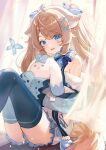  1girl animal_ear_fluff blue_butterfly blue_eyes blue_thighhighs brown_hair bug butterfly enominya_andi facial_mark hair_ornament highres looking_at_viewer melonyx open_mouth sibyl sitting sleeves_past_fingers sleeves_past_wrists smile solo stuffed_animal stuffed_rabbit stuffed_toy thighhighs twintails virtual_youtuber x_hair_ornament 
