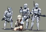  3boys absurdres armor belt_pouch blonde_hair blue_eyes braid clone_trooper energy_gun energy_sword erica_(naze1940) explosive grenade gun helmet highres hologram jedi lightsaber multiple_boys one_knee original pouch rifle robe science_fiction star_wars sword twin_braids weapon 