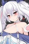  1girl :o ? absurdres armpit_crease azur_lane bare_shoulders black_background blush breasts chinese_commentary choker collarbone commentary_request crossed_bangs hair_between_eyes halterneck highres laffey_(azur_lane) laffey_ii_(azur_lane) nipples open_mouth red_eyes simple_background small_breasts solo spoken_question_mark twintails upper_body white_choker white_hair wuwusan 