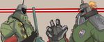  commentary crossover english_commentary guilty_gear guilty_gear_xrd helmet highres look-alike military military_uniform multiple_boys panzerfaust_(skullgirls) potemkin_(guilty_gear) red_seiryu skullgirls spiked_helmet uniform 