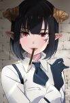  1girl black_gloves black_hair black_necktie bob_cut brick_wall demon_girl demon_horns facial_mark food food_in_mouth glint gloves hair_between_eyes hime-sama_&quot;goumon&quot;_no_jikan_desu horns lipstick long_sleeves looking_to_the_side makeup necktie paramisan pocky pocky_day pocky_in_mouth pointy_ears red_eyes shirt short_hair slit_pupils solo torture_(hime-sama_&quot;goumon&quot;_no_jikan_desu) upper_body white_shirt 