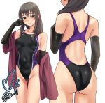  1girl ass black_gloves black_hair black_one-piece_swimsuit breasts brown_eyes commentary_request commission competition_swimsuit covered_navel elbow_gloves fujiwara_hajime gloves hair_between_eyes hair_over_shoulder highleg highleg_swimsuit highres idolmaster idolmaster_cinderella_girls long_hair looking_at_viewer medium_breasts multiple_views one-piece_swimsuit pixiv_commission purple_robe robe simple_background standing swimsuit two-tone_swimsuit white_background yoo_tenchi 
