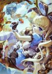  absurdres alice_in_wonderland blonde_hair blue_dress brown_dust_2 card cup dress food fork frilled_dress frills fruit glacia_(brown_dust) gloves hair_ribbon highres holding leggings long_hair one_eye_closed ribbon soraemon spilling strawberry teacup tongue tongue_out very_long_hair 