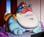 2019 absurd_res anthro belly big_belly blush bottomwear box canid canine clothing container deep_navel denim denim_bottomwear denim_clothing dessert digital_media_(artwork) doughnut doughnut_box eating electronics female food fox fupa fur furniture hair hi_res huge_belly huge_thighs hyper hyper_belly hyper_thighs jacket jeans kim_(|-super-|) mammal morbidly_obese morbidly_obese_anthro morbidly_obese_female multicolored_body multicolored_fur navel obese obese_anthro obese_female orange_body orange_eyes orange_fur overweight overweight_anthro overweight_female pants red_hair sitting sofa solo stuffing television thick_thighs topwear two_tone_body two_tone_fur viroveteruscy white_body white_fur window window_curtains