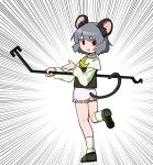  1girl animal_ears bloomers capelet commentary_request cookie_(touhou) dowsing_rod full_body grey_footwear grey_hair grey_vest highres kakusou long_sleeves looking_at_viewer looking_to_the_side medium_bangs mouse_ears mouse_girl mouse_tail nazrin no_pants nyon_(cookie) open_mouth red_eyes shirt shoes short_hair simple_background smile socks solo standing standing_on_one_leg tail touhou vest white_background white_bloomers white_capelet white_shirt white_socks 