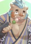2023 amidasuke anthro asian_clothing bodily_fluids clothing east_asian_clothing food gouryou hi_res japanese_clothing kemono lifewonders male mammal overweight overweight_male simple_background solo suid suina sus_(pig) tears tokyo_afterschool_summoners tongue tongue_out wild_boar