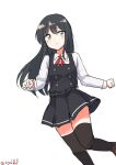  1girl absurdres asashio_(kancolle) asashio_kai_ni_(kancolle) black_hair black_thighhighs blue_eyes collared_shirt dress dress_shirt feet_out_of_frame highres kantai_collection long_hair neck_ribbon one-hour_drawing_challenge pinafore_dress red_ribbon ribbon robinson_(day_l_full) shirt simple_background sleeveless sleeveless_dress solo thighhighs twitter_username white_background white_shirt 