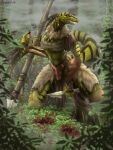 1:1 2023 absurd_res amazoness anthro black_body breasts clothing detailed_background digital_drawing_(artwork) digital_media_(artwork) dinosaur dromaeosaurid feathers female female/female fog forest fur green_body grin hi_res hunter hunting jungle lizard lizardman looking_at_another mecanik_panik melee_weapon plant polearm red_eyes reptile scalie smile solo solo_focus spear striped_body stripes teckwolffr theropod tree weapon yellow_body