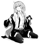  1girl absurdres arknights blue_poison_(arknights) blue_poison_(elite_ii)_(arknights) buttons collared_shirt dress_shirt greyscale hands_up highres holding holding_clothes long_sleeves looking_to_the_side low_twintails monochrome purokion_katou removing_jacket shirt shorts sitting smile solo suspender_shorts suspenders thighhighs twintails wariza white_background 