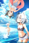  animal_ears bare_shoulders beach bikini black_hair blue_eyes blush cat_ears cloud covered_navel day flat_chest groin highres innertube long_hair looking_at_viewer md5_mismatch multiple_girls ocean one-piece_swimsuit open_mouth original outdoors partially_submerged red_eyes short_hair silver_hair sky slit_pupils smile swimsuit upside-down water white_swimsuit yunar 