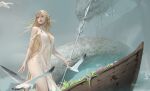  1girl absurdres animal bird blonde_hair boat circlet dress elf flower giant_snake highres holding holding_staff long_hair looking_afar mage_staff original oversized_animal parted_lips pointy_ears seagull staff very_long_hair watercraft weber white_dress 