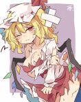  alternate_breast_size blonde_hair blush breasts closed_mouth collarbone commentary_request cowboy_shot crystal crystal_wings dress flandre_scarlet hat highres long_sleeves looking_at_viewer medium_breasts minoru_minoru mob_cap one_eye_closed one_side_up puffy_long_sleeves puffy_sleeves red_dress red_eyes ribbon-trimmed_headwear ribbon_trim short_hair slit_pupils torn_clothes touhou white_headwear wings 