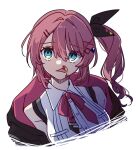  1girl bare_shoulders black_ribbon blood blood_on_face blue_eyes collared_shirt cropped_torso dress_shirt hair_between_eyes hair_ornament hair_ribbon hairclip highres kashikaze kuramochi_meruto kuramochi_meruto_(1st_costume) long_hair looking_at_viewer nijisanji nosebleed official_art open_mouth purple_hair ribbon shirt side_ponytail simple_background sleeveless sleeveless_shirt solo upper_body virtual_youtuber white_background white_shirt 