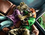 anthro breast_grab breasts canid canine caressing clothed clothing coypowers duo felid female fox fully_clothed furniture hand_on_back hand_on_breast inside kissing lion male male/female mammal on_sofa pantherine sofa window
