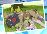  1girl arched_bangs cardigan collared_shirt commentary_request day falling_leaves granbull grass hair_ornament hairclip highres lacey_(pokemon) leaf long_sleeves lying neckerchief on_back open_cardigan open_clothes outdoors p_0_a pikachu pokemon pokemon_(creature) pokemon_sv purple_hair red_neckerchief shirt sleeping tree venonat watermark white_shirt 