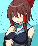  1girl arm_under_breasts black_sleeves blue_background blue_gemstone blue_sailor_collar blush bow breasts brown_hair commentary_request cookie_(touhou) detached_sleeves frilled_hair_tubes frills gem grey_one-piece_swimsuit hair_between_eyes hair_bow hair_tubes hakurei_reimu highres kakusou large_breasts long_bangs looking_to_the_side one-piece_swimsuit open_mouth red_bow red_eyes reu_(cookie) sailor_collar sailor_one-piece_swimsuit short_hair_with_long_locks sidelocks solo swimsuit touhou upper_body 