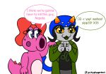 birdo_(character) black_hair bow_ribbon clothed clothing excited female grey_body grey_skin hair hand_on_shoulder happy happy_sex homestuck ms_paint_adventures nepeta_leijon pink_body pixiecatsupreme sex speech_bubble text webcomic