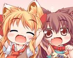  :d ^_^ animal_ears armpits arms_up bad_id bad_pixiv_id blonde_hair brown_eyes brown_hair chibi closed_eyes collar dog_ears dog_tail fang holding_hands kuroneko_liger looking_at_viewer lowres multiple_girls necktie open_mouth original paw_print pink_background smile tail 