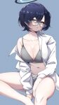  1girl absurdres black_hair blue_archive bra breasts calvin_klein chihiro_(blue_archive) cleavage collarbone collared_shirt crossed_bangs dress_shirt glasses green_eyes grey_bra grey_panties hair_between_eyes halo highres large_breasts long_sleeves looking_at_viewer navel open_clothes open_shirt panties ryusei_(ster0629) shirt short_hair solo standing stomach underwear underwear_writing white_shirt wing_collar 