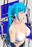  android aqua_hair bra breasts closed_eyes hatsune_miku large_breasts long_hair saruanu solo strap_gap tattoo twintails underwear vocaloid 
