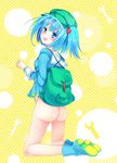  ass backpack bag blue_eyes blue_hair bottomless commentary_request hat hoozuki_shia kawashiro_nitori kneeling looking_back no_panties solo touhou two_side_up wrench 