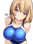  1girl black_one-piece_swimsuit blonde_hair blue_eyes blue_one-piece_swimsuit breasts competition_swimsuit covered_navel cowboy_shot dated hair_between_eyes highres kantai_collection large_breasts looking_at_viewer montemasa one-hour_drawing_challenge one-piece_swimsuit rodney_(kancolle) short_hair simple_background smile swimsuit twitter_username two-tone_swimsuit white_background 
