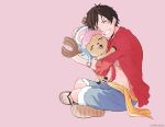  2boys ^_^ affectionate antlers black_hair blue_shorts closed_eyes commentary english_commentary frilled_sleeves frills hat hug male_focus monkey_d._luffy multiple_boys one_piece pink_background red_shirt reindeer_antlers rin_(rinriemie) sandals sash scar scar_on_chest scar_on_face shirt shorts simple_background smile tony_tony_chopper yellow_sash 