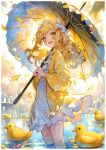  1girl animal artist_name bird blonde_hair dated dress duck emperpep hairband highres holding holding_umbrella jacket long_hair looking_at_viewer open_mouth original painting_(medium) partially_submerged petals smile solo standing teeth traditional_media umbrella upper_teeth_only water watercolor_(medium) white_dress white_hairband yellow_eyes yellow_jacket 