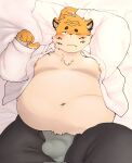 2023 anthro belly big_belly blush bottomwear bulge clothed clothing dragon_night800 felid genital_outline hi_res kemono lying male mammal moobs navel nipples one_eye_closed open_clothing open_shirt open_topwear overweight overweight_male pantherine pants penis_outline pillow shirt solo tiger topwear under