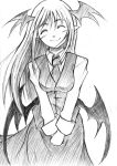  1girl ^_^ absurdres bat_wings black_wings blush breasts closed_eyes collared_shirt commentary_request cowboy_shot dress_shirt graphite_(medium) greyscale head_tilt head_wings highres koakuma long_hair looking_at_viewer low_wings medium_breasts monochrome necktie own_hands_together pointy_ears shirt sidelocks simple_background sketch skirt skirt_set smile solo touhou traditional_media v_arms very_long_hair vest warabe-raku_dora white_background white_shirt wings 
