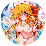  bad_id bad_pixiv_id bikini blonde_hair blue_eyes breasts covered_nipples fan large_breasts lily_white long_hair one_eye_closed rei_kazami smile solo swimsuit touhou very_long_hair 
