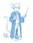 2019 anthro balls biscuit_(biscuits) blue_and_white bottomwear bottomwear_down claws clothed clothing cosplay eyewear fur genitals glasses hair harry_potter harry_potter_(series) hi_res magic_wand male mammal monochrome mouse murid murine necktie pants pants_down partially_clothed penis rick_griffin robe rodent scar solo