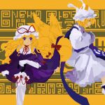  2girls abstract_background animal_ears animal_hat blonde_hair blue_tabard curly_hair dress elbow_gloves fox_ears fox_tail gap_(touhou) gloves hands_in_opposite_sleeves hat hat_ribbon highres kaigen_1025 kitsune long_hair looking_at_another looking_back mob_cap multiple_girls multiple_tails ofuda ofuda_on_head own_hands_together puffy_short_sleeves puffy_sleeves purple_dress purple_eyes ribbon short_hair short_sleeves sleeve_garter socks tabard tail touhou white_dress white_gloves white_headwear white_socks yakumo_ran yakumo_yukari yellow_background yellow_eyes 