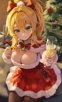  1girl absurdres alcohol alternate_costume blonde_hair blush box breasts brown_pantyhose champagne champagne_flute christmas christmas_tree cleavage closed_mouth cup dress drinking_glass floral_bow gift gift_box green_eyes hair_between_eyes hair_ribbon hd_(sw4189101) highres holding holding_cup hoshii_miki idolmaster idolmaster_(classic) large_breasts looking_at_viewer pantyhose red_dress ribbon santa_costume smile solo 