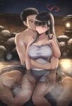  1boy 1girl bathing black_hair blue_archive breasts brown_eyes commentary commission fence hair_ornament hairclip halo hetero highres large_breasts mixed-sex_bathing naked_towel night night_sky onsen red_eyes rio_(blue_archive) rock shared_bathing sitting sky skyde_kei towel water 