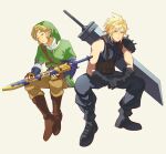  2boys absurdres armor belt blonde_hair blue_eyes buster_sword closed_eyes closed_mouth cloud_strife commentary_request earrings final_fantasy final_fantasy_vii final_fantasy_vii_advent_children final_fantasy_vii_remake fingerless_gloves gloves green_tunic hat highres holding jewelry link male_focus multiple_belts multiple_boys open_mouth pointy_ears pra_11 shirt short_hair shoulder_armor sitting sleeveless sleeveless_turtleneck spiked_hair suspenders sword the_legend_of_zelda triforce tunic turtleneck weapon 