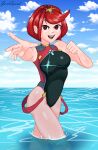  absurdres beach happy highres looking_at_viewer non-web_source pyra_(xenoblade) reaching reaching_towards_viewer red_eyes red_hair self-upload short_hair swimsuit wet wet_clothes wet_swimsuit xenoblade_chronicles_(series) 