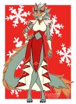 christmas claws clothing dragon dress female head_piece hi_res holidays jewelry necklace paws snow snowflake trevhart